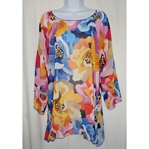 Weavz Women's Floral Semi Sheer Tunic Blouse 3/4-Sleeve Oversized - One Size